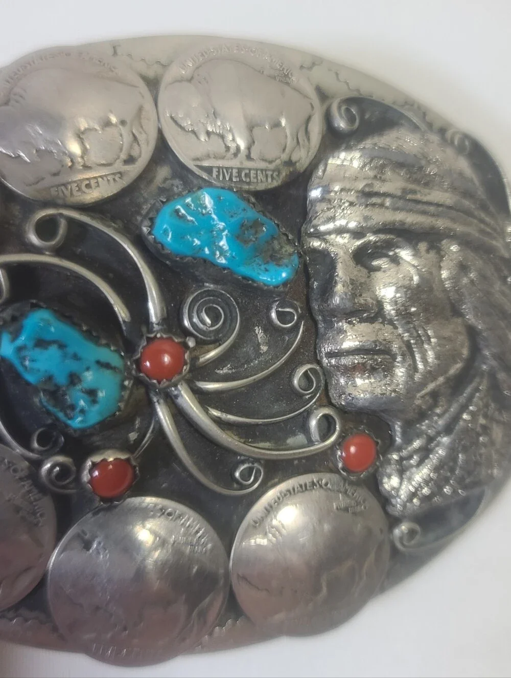 Native American Nickel Silver Turquoise Coral Buffalo Indian Head Belt Buckle
